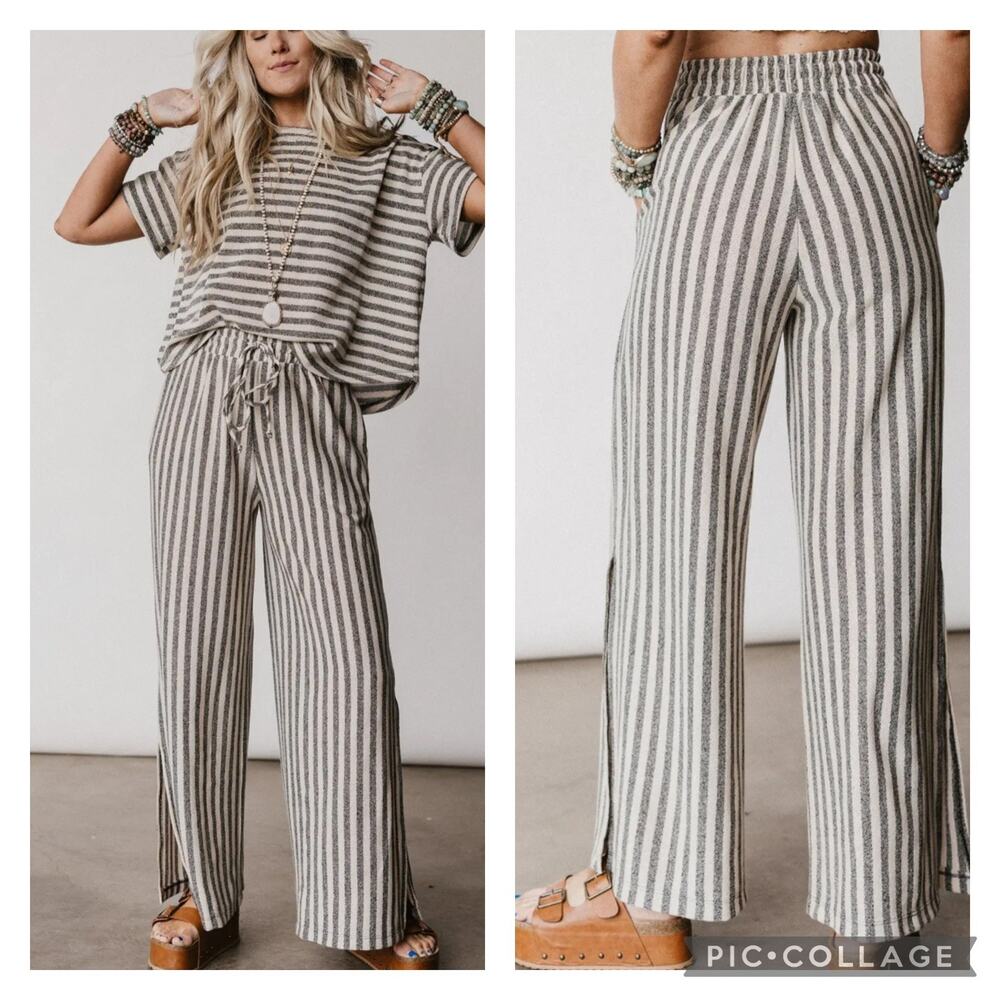 Three Bird Nest Ibiza Breeze Striped Lounge Set Boxy Top Wide Leg Pants Size L